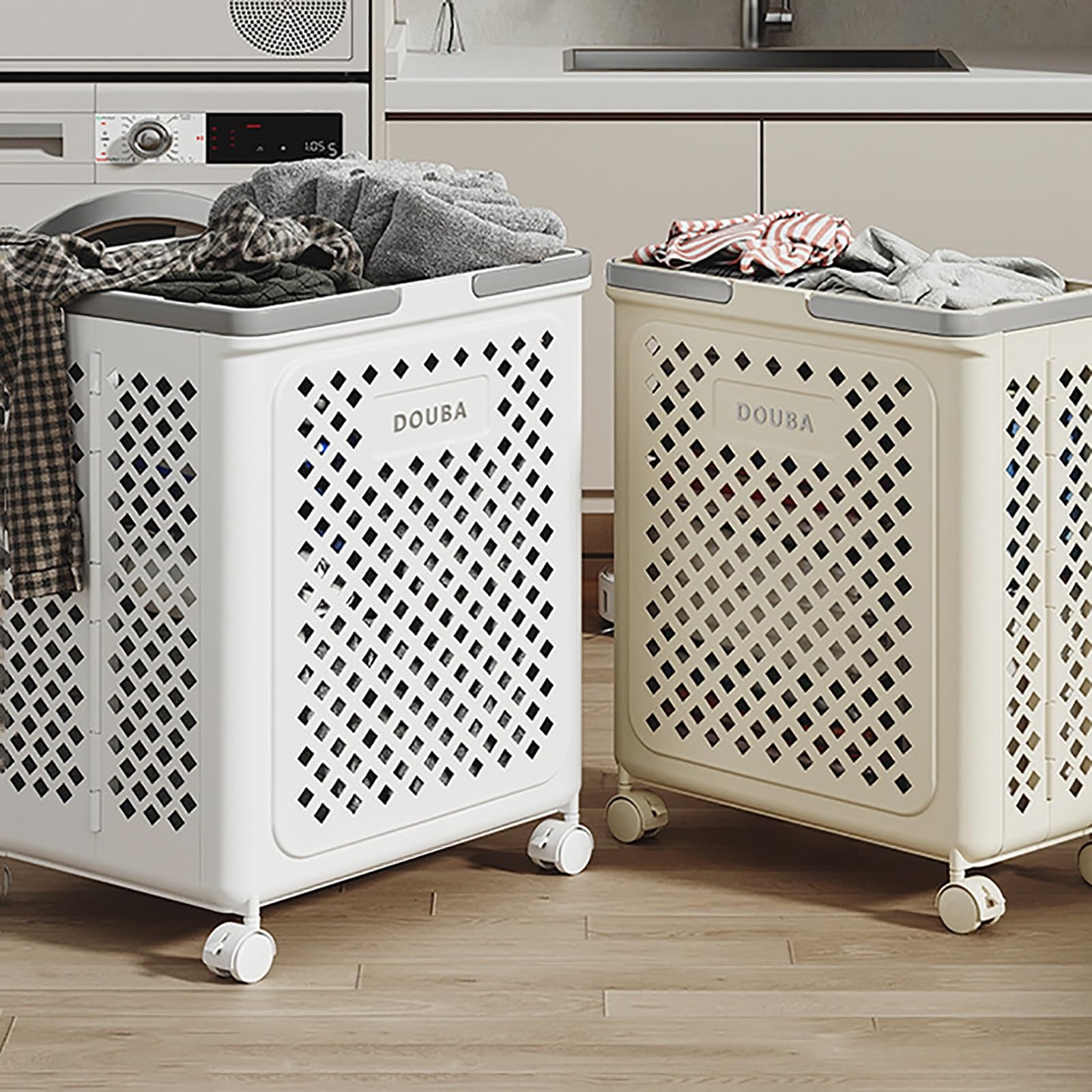 image_3 Slim Foldable Laundry Basket with Wheels and Handles
