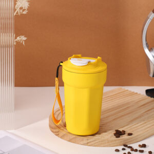 octagonal insulated coffee cup, 316 stainless steel travel mug with leak proof lid & portable carry strap, 6hrs hot & cold retention, reusable tumbler for office, travel & outdoor (yellow)