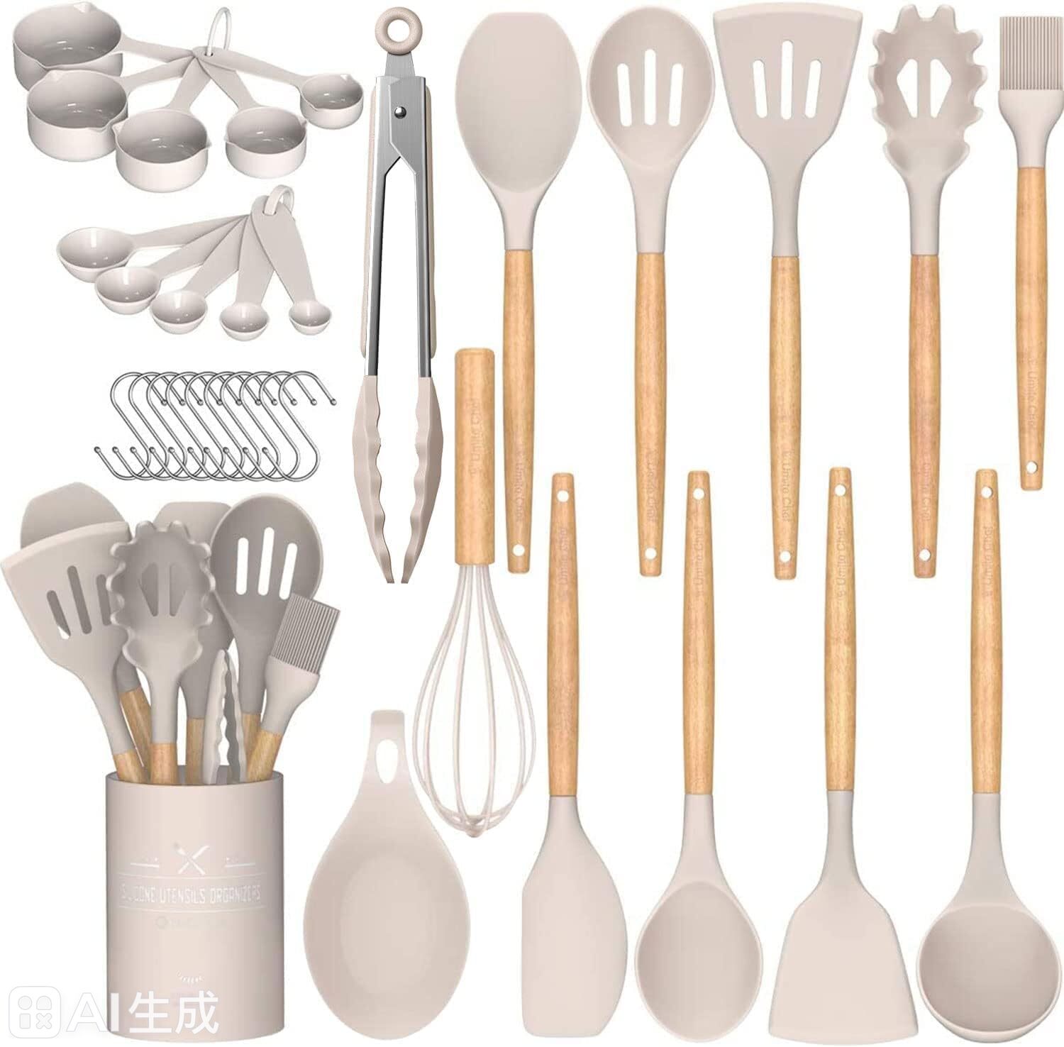 silicone kitchen utensil set with wooden handles, non stick cooking tools with utensil holder silicone kitchen utensil set with wooden handles, non stick cooking tools with utensil holder
