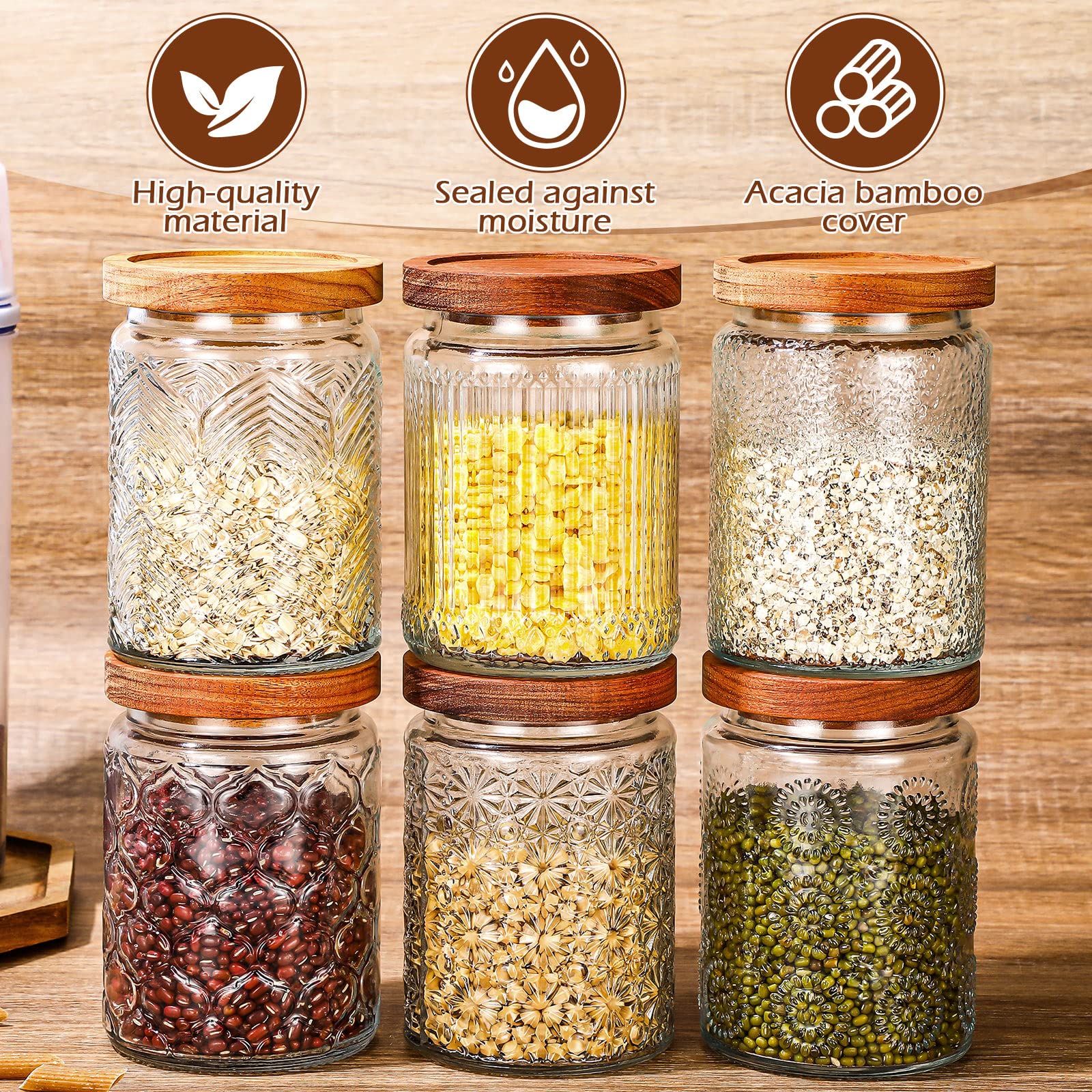 vintage embossed glass storage jars with airtight acacia bamboo lids, set of 6 food storage containers for kitchen pantry vintage embossed glass storage jars with airtight acacia bamboo lids, set of 6 food storage containers for kitchen pantry