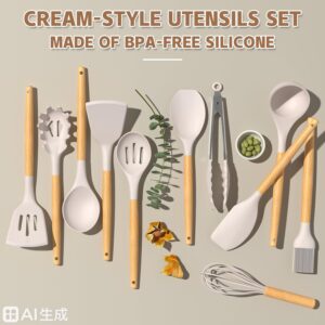 silicone kitchen utensil set with wooden handles, non stick cooking tools with utensil holder