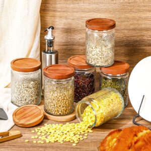 vintage embossed glass storage jars with airtight acacia bamboo lids, set of 6 food storage containers for kitchen pantry