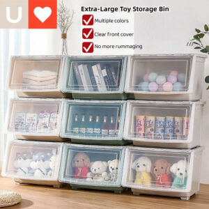 stackable clear storage bin | extra large opening | top doubles as table | for toys, books & sundries