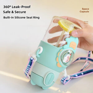 cute cartoon kids water bottle with straw & adjustable strap, bpa free leak proof water cup for girls boys, portable travel school drink bottle