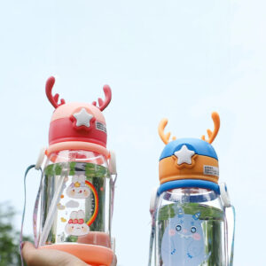 cute antler kids straw cup with portable strap 600ml leak proof water bottle for toddlers, food safe