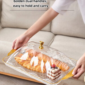 gold foil serving tray with lid, pet plastic food storage tray with bear knob, dustproof cover