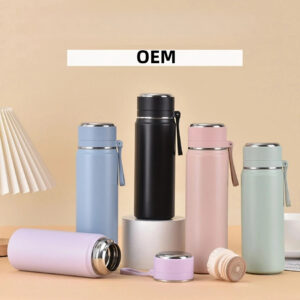 double lid insulated water bottle 500ml 316 stainless steel thermos with silicone handle, leak proof & portable travel flask