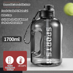 large water bottle with time marker & handle, bpa free leakproof big sports water jug with straw, reusable half gallon water bottle for gym, fitness, outdoor, hiking
