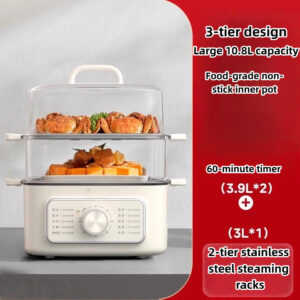3 tier electric steamer, 10.8l large capacity food steamer with 60 min timer, 2 stainless steel racks, food grade non stick inner pot, 3l water tank for seafood, vegetables, dumplings, family use