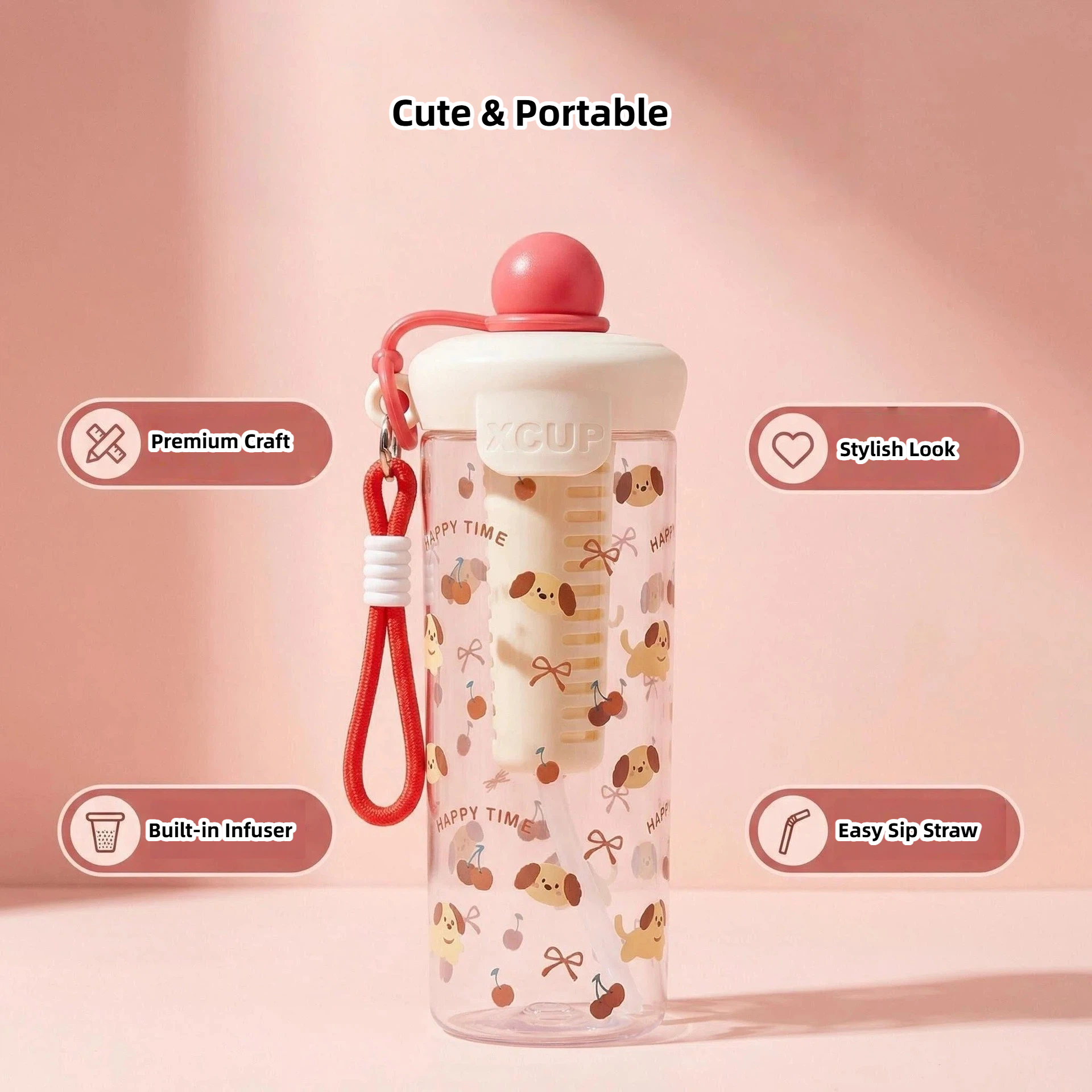 cute puppy water bottle with tea infuser, 500ml portable leakproof tritan bottle with straw & carry strap, bpa free reusable drinkware for school, office, travel, gift for girls kids cute puppy water bottle with tea infuser, 500ml portable leakproof tritan bottle with straw & carry strap, bpa free reusable drinkware for school, office, travel, gift for girls kids